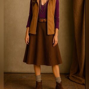 Vintage LRL 100% Linen Dark Brown A-Line Midi Skirt Lined – Fits Like 6/8